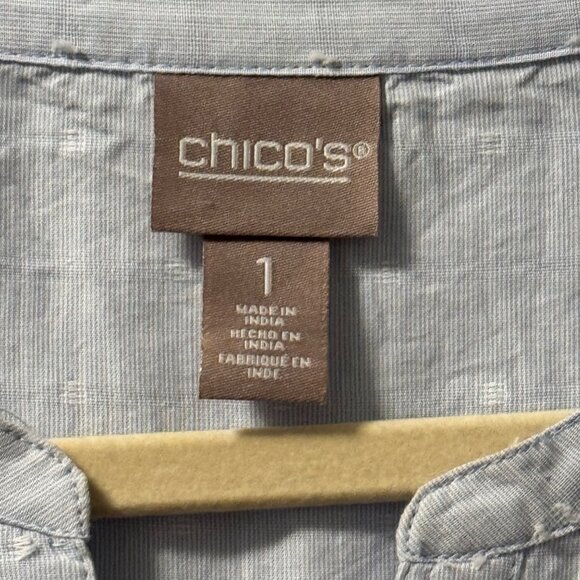 Chicos Size M Light Blue Cotton Textured 3/4 Sleeve Blouse - Picture 4 of 12